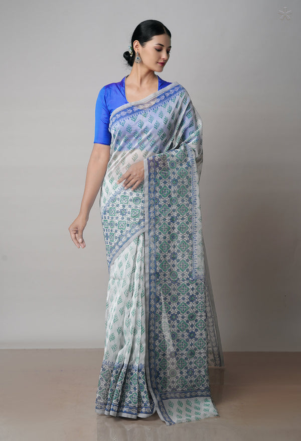 Off White  Block Printed Meghalaya Checks  Supernet Saree With  Ajrakh Printed BlousePiece -UNM71791