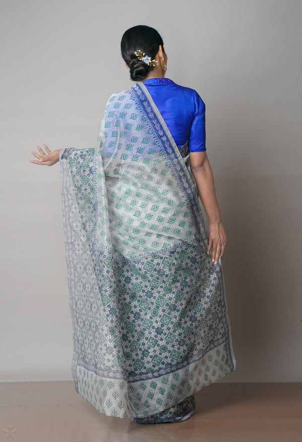 Off White  Block Printed Meghalaya Checks  Supernet Saree With  Ajrakh Printed BlousePiece -UNM71791