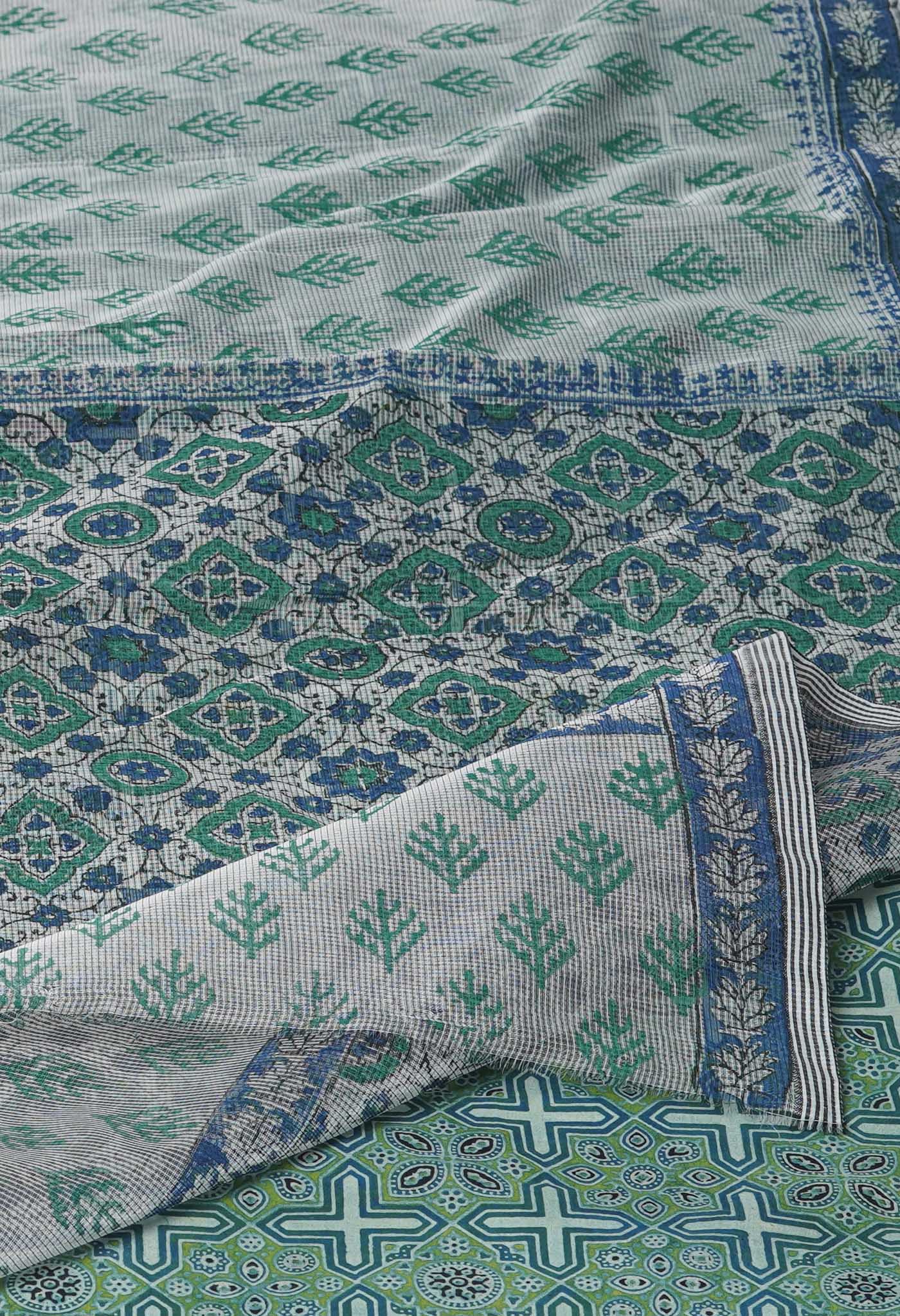 Off White  Block Printed Meghalaya Checks  Supernet Saree With  Ajrakh Printed BlousePiece -UNM71791