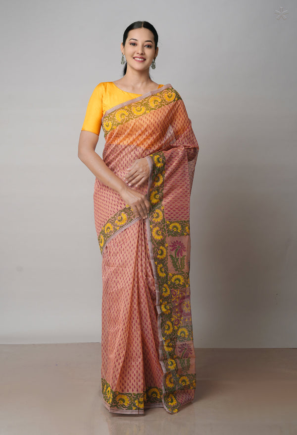 Salmon Orange  Block Printed Meghalaya Checks  Supernet Saree With Kalamkari Printed BlousePiece-UNM71792
