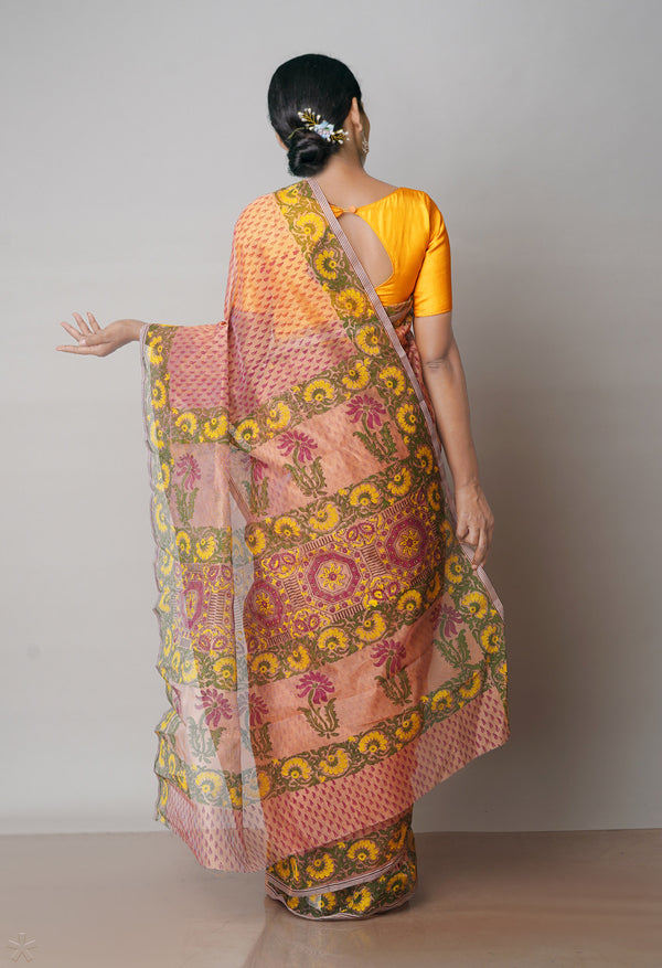 Salmon Orange  Block Printed Meghalaya Checks  Supernet Saree With Kalamkari Printed BlousePiece-UNM71792