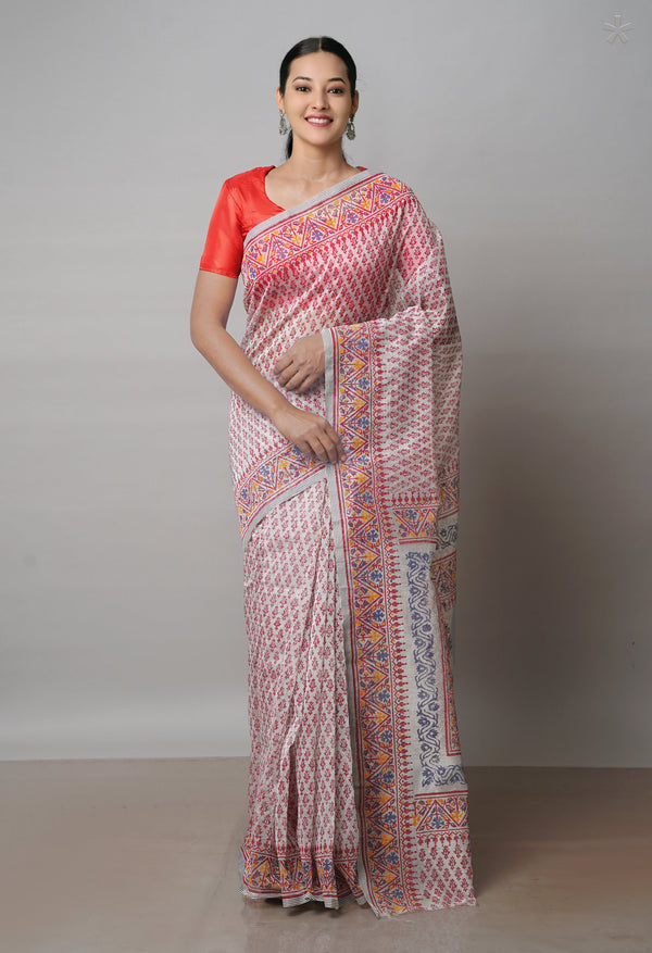Off White  Block Printed Meghalaya Checks  Supernet Saree With Ikat Printed BlousePiece-UNM71793