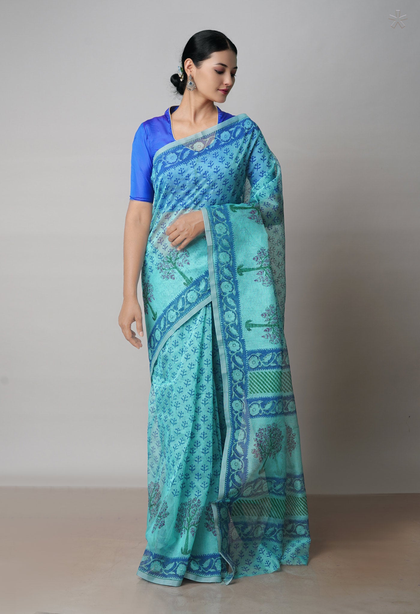 Tiffany Blue  Block Printed Meghalaya Checks  Supernet Saree With  Dabu Printed BlousePiece-UNM71794
