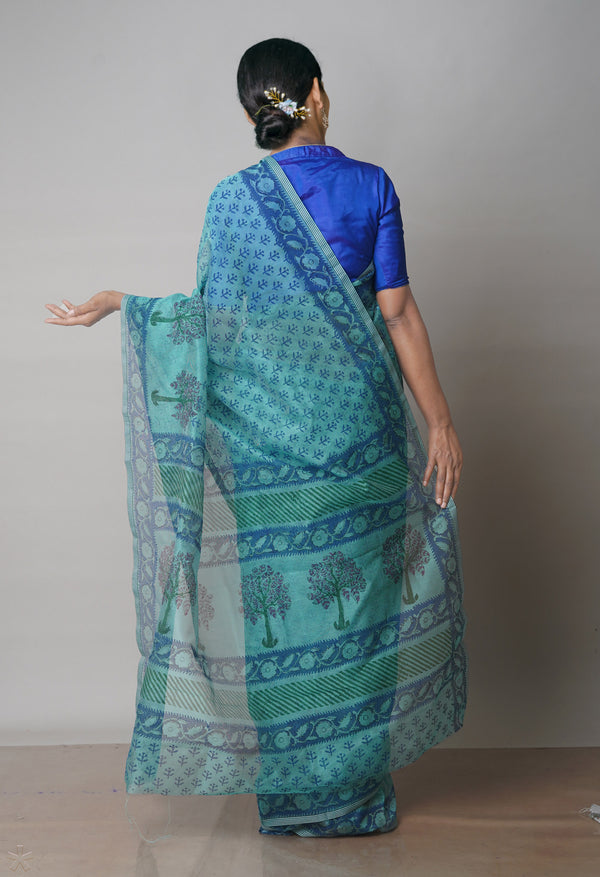 Tiffany Blue  Block Printed Meghalaya Checks  Supernet Saree With  Dabu Printed BlousePiece-UNM71794
