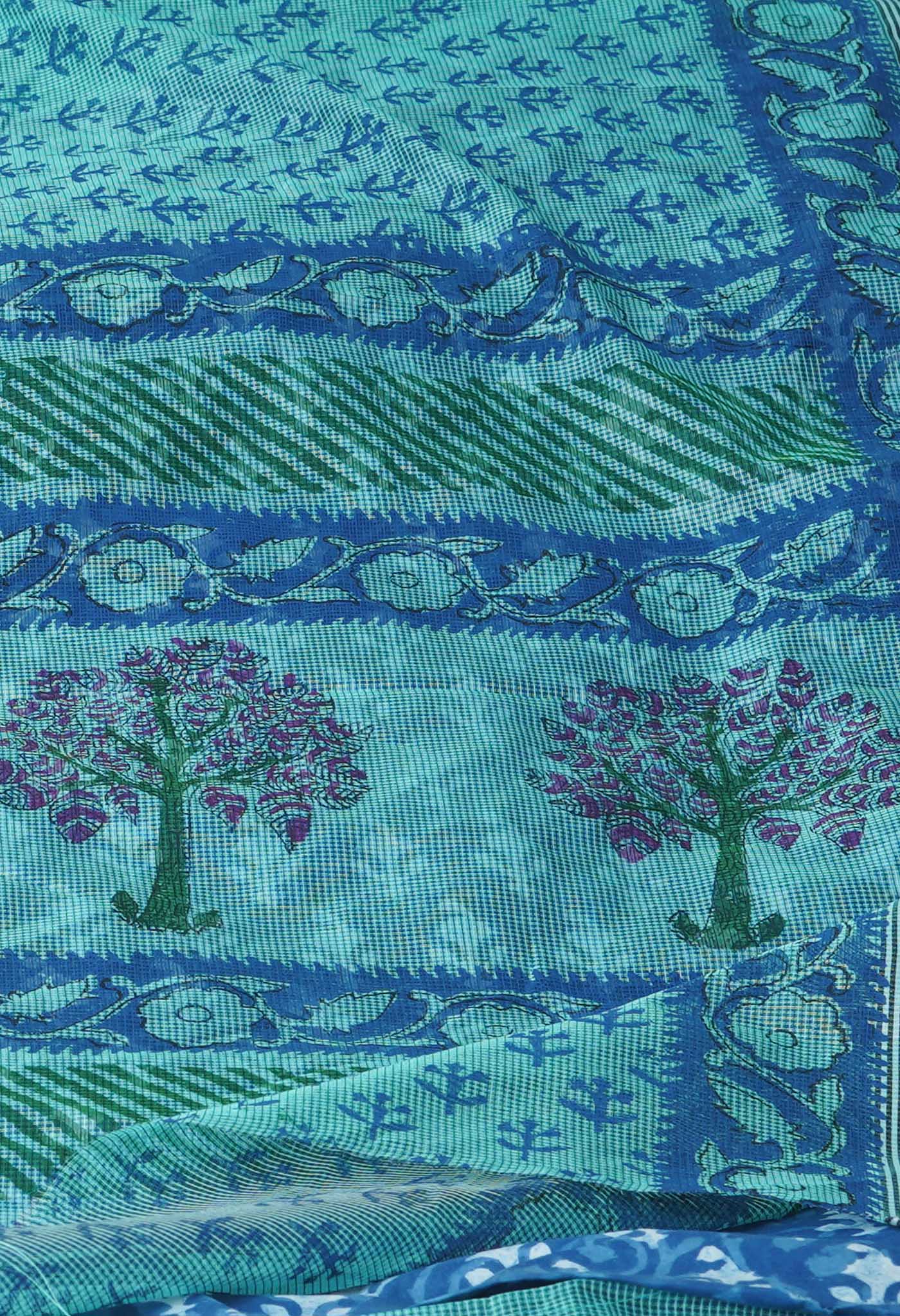 Tiffany Blue  Block Printed Meghalaya Checks  Supernet Saree With  Dabu Printed BlousePiece-UNM71794