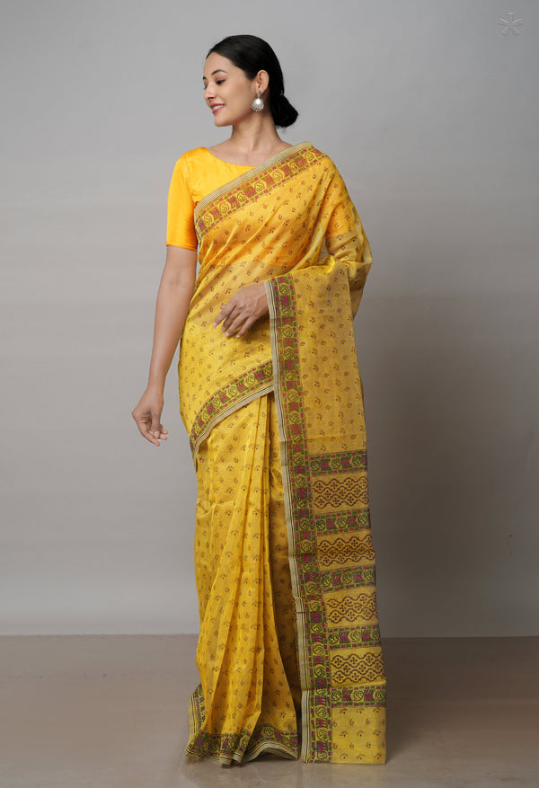 Yellow  Block Printed Meghalaya Checks  Supernet Saree With  Bagru Printed BlousePiece-UNM71795