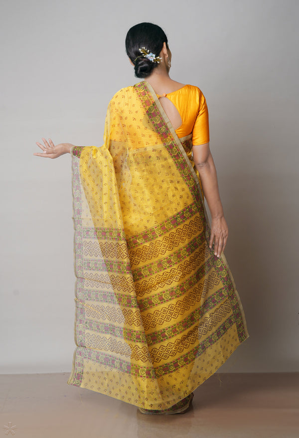 Yellow  Block Printed Meghalaya Checks  Supernet Saree With  Bagru Printed BlousePiece-UNM71795
