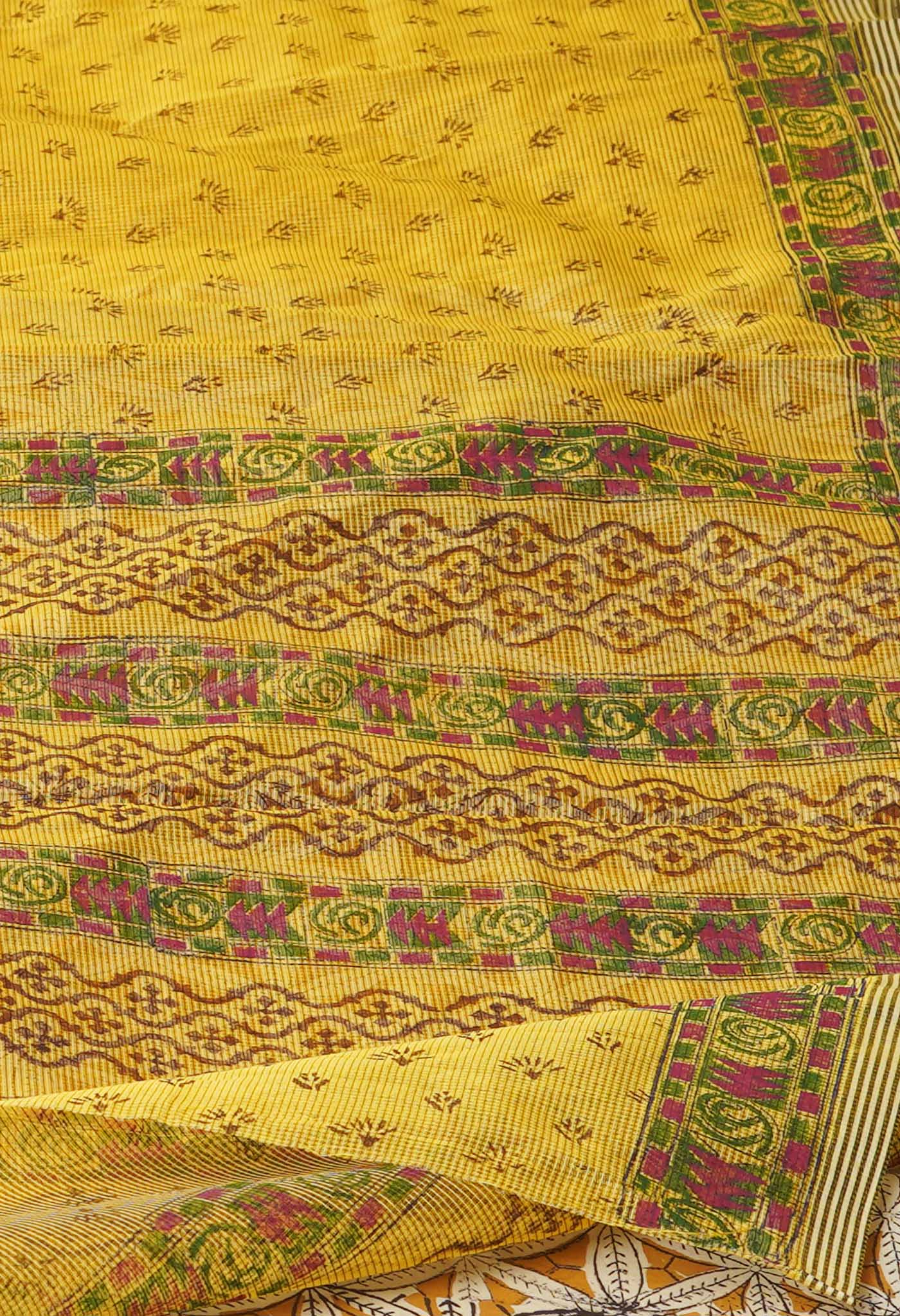 Yellow  Block Printed Meghalaya Checks  Supernet Saree With  Bagru Printed BlousePiece-UNM71795