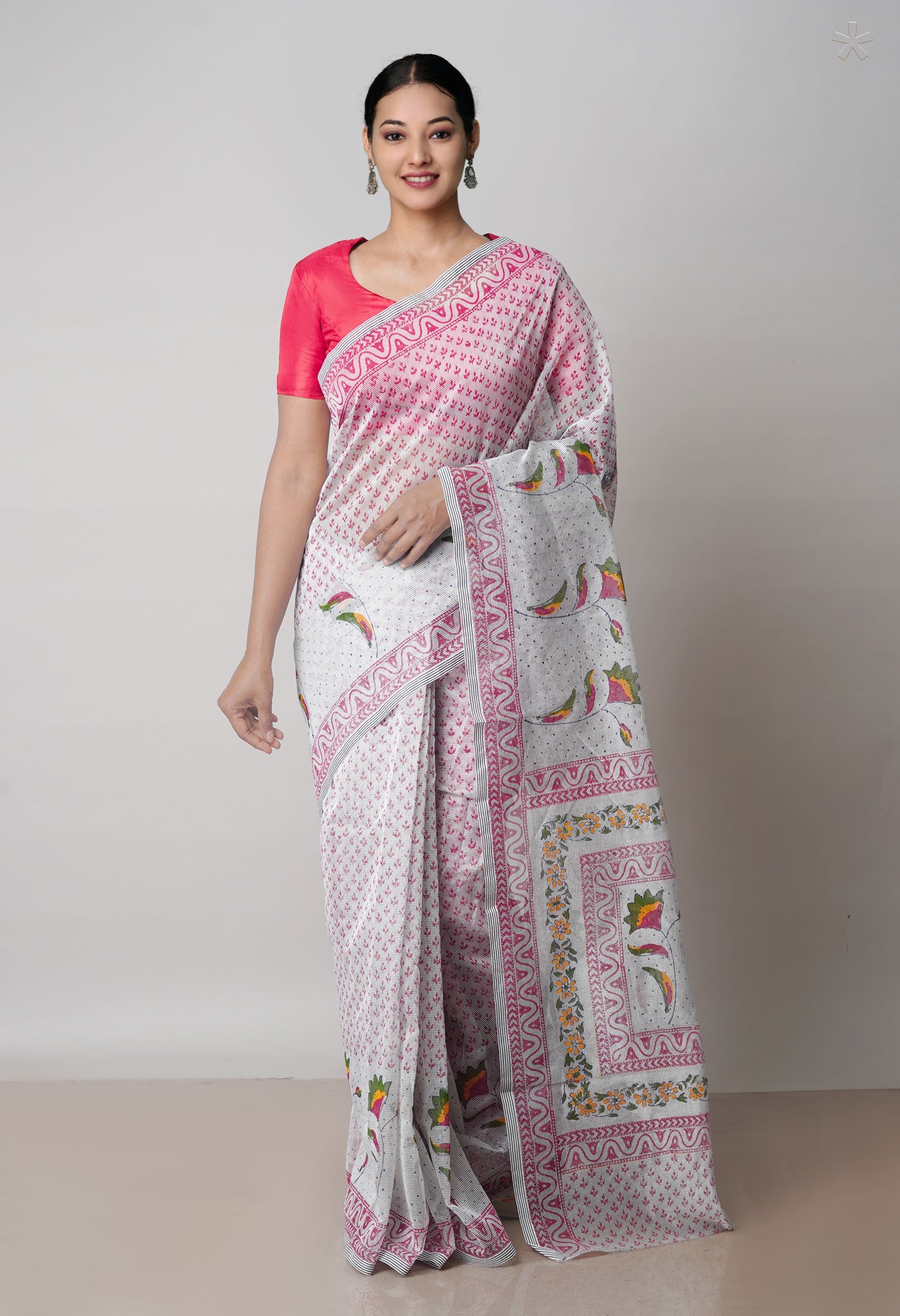 Off White  Block Printed Meghalaya Checks  Supernet Saree With Ikat Printed BlousePiece-UNM71796