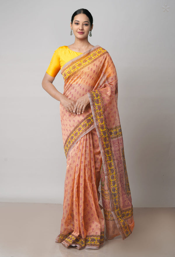 Salmon Orange  Block Printed Meghalaya Checks  Supernet Saree With Kalamkari Printed BlousePiece-UNM71797