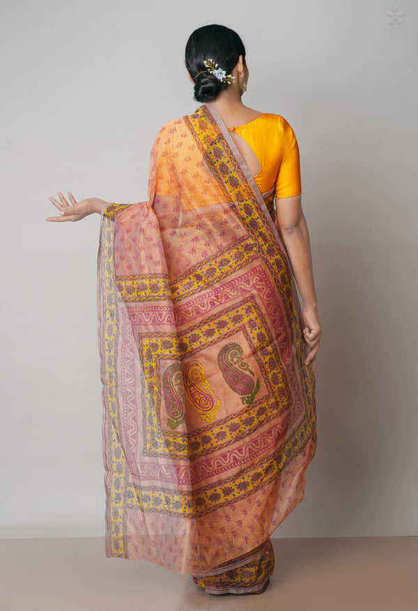 Salmon Orange  Block Printed Meghalaya Checks  Supernet Saree With Kalamkari Printed BlousePiece-UNM71797