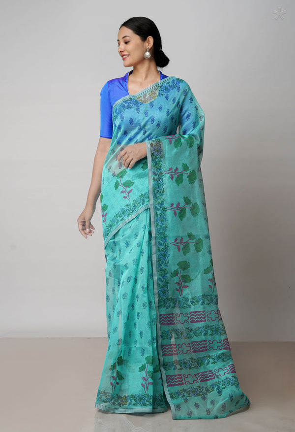 Tiffany Blue  Block Printed Meghalaya Checks  Supernet Saree With  Dabu Printed BlousePiece-UNM71799