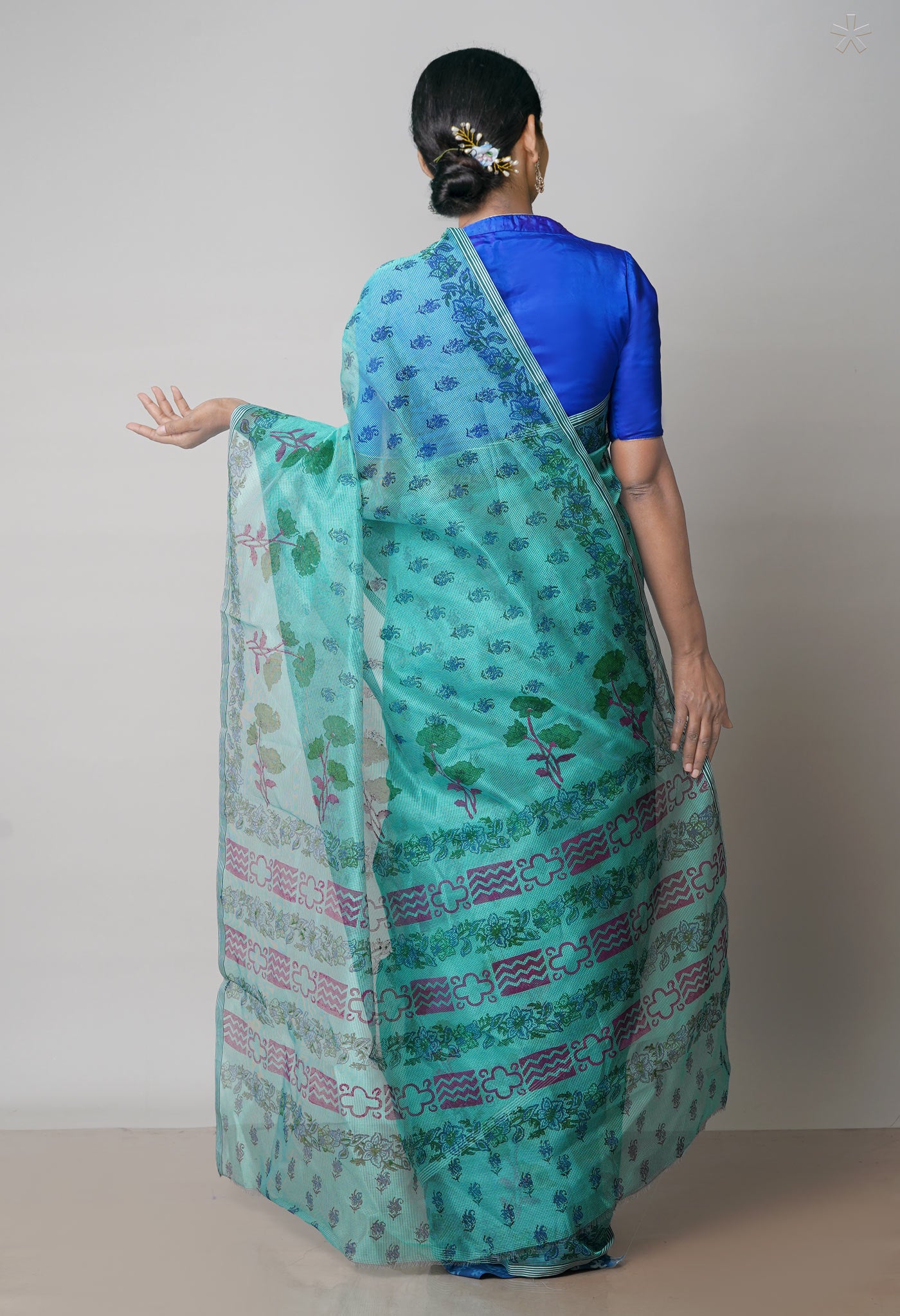Tiffany Blue  Block Printed Meghalaya Checks  Supernet Saree With  Dabu Printed BlousePiece-UNM71799