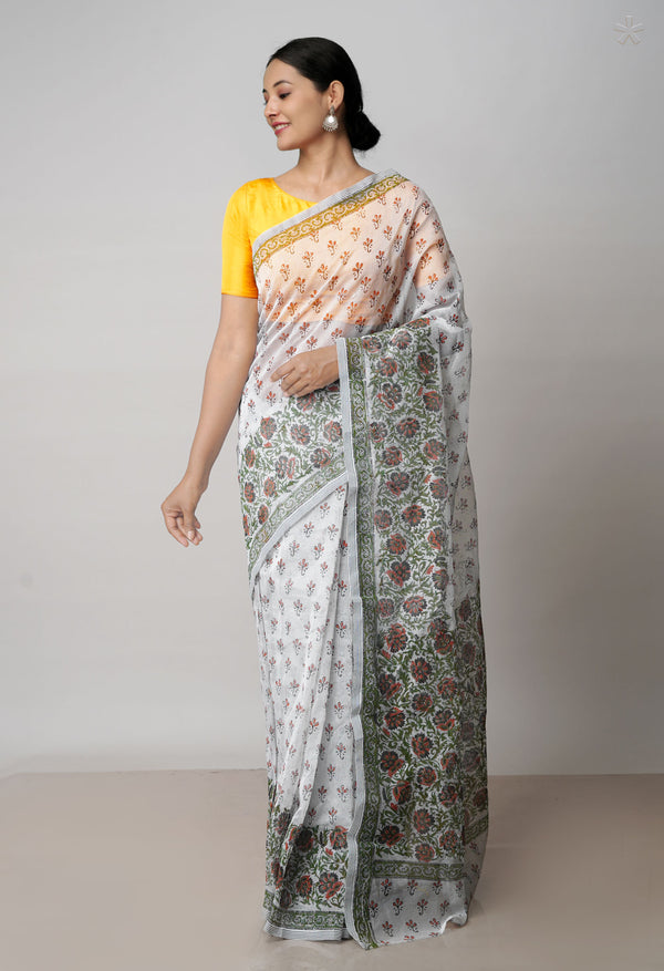Off White  Block Printed Meghalaya Checks  Supernet Saree With Kalamkari Printed BlousePiece-UNM71800