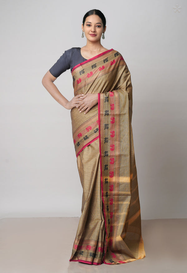 Ecru Brown Pure Handloom Pavani Chettinad Cotton Saree-UNM71818