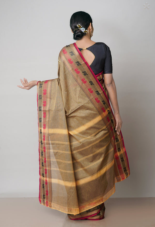 Ecru Brown Pure Handloom Pavani Chettinad Cotton Saree-UNM71818