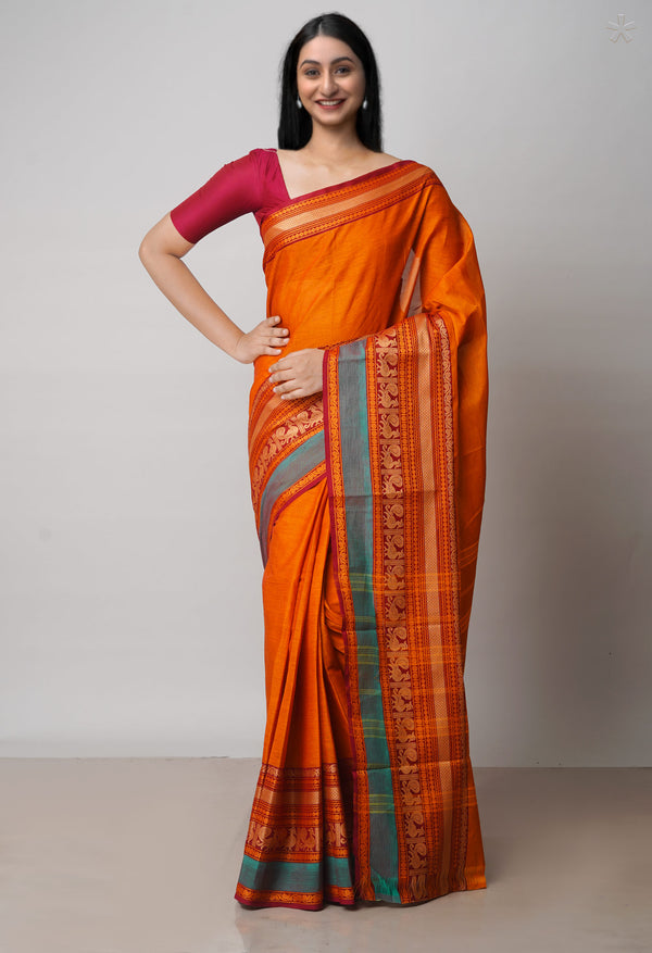 Rust Orange Pure  Pavani Handcrafted Kanchi Cotton Saree-UNM71847